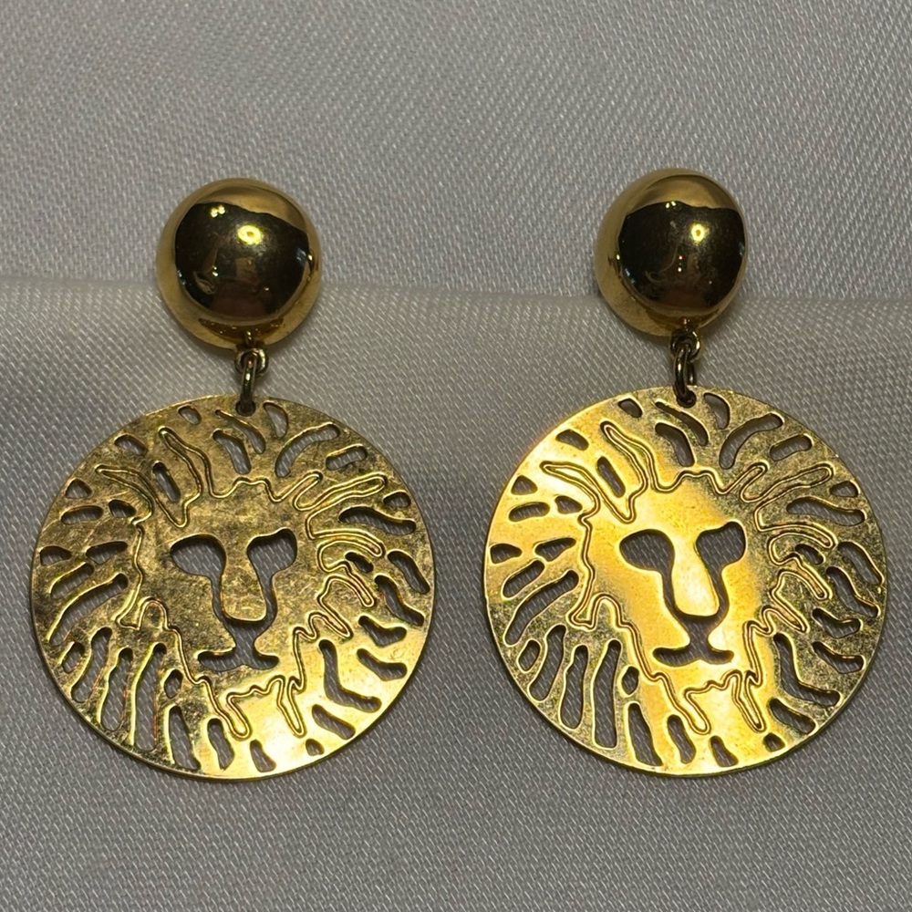 Vintage Anne Klein Logo Gold Lion Head Earrings